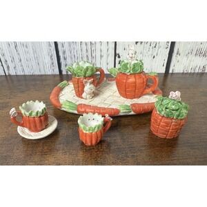 Vintage Mini Springtime Bunnies Butterflies Carrots Tea Set 7 Piece Hand Paint
